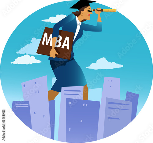 Female MBA graduate walking forward and looking ahead through a telescope, EPS 8 vector illustration