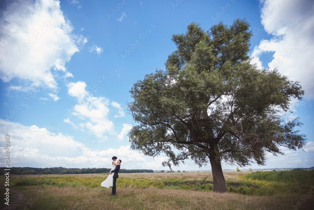 Bride and groom hugging near tree Bride and groom hugging near tree