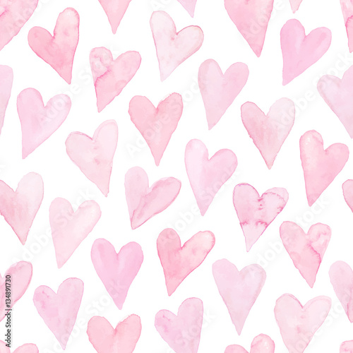 Watercolor hearts seamless background. Pink watercolor heart pattern. Colorful watercolor romantic texture.