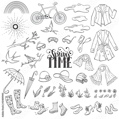Hand drawn spring objects set. Collection of spring accessories isolated on white background. Monochrome illustrations for coloring books.