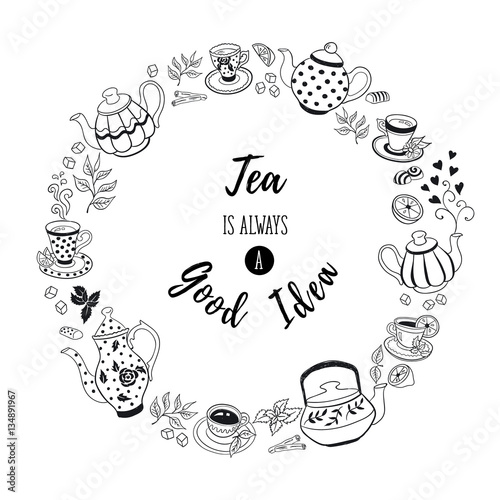 Tea time poster concept. Tea party invitation card design. Hand drawn doodle illustration with teapots, cups and sweets.
