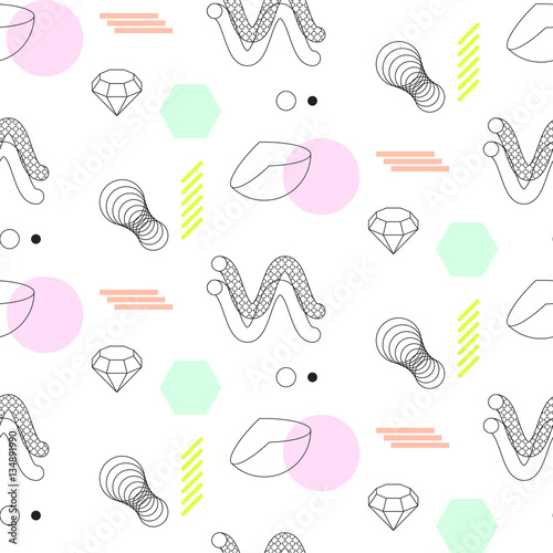 Spirals and sphere shapes seamless vector pattern. Abstract shapes, spheres, spirals and elements in eighties fashion style. Color lines on white.
