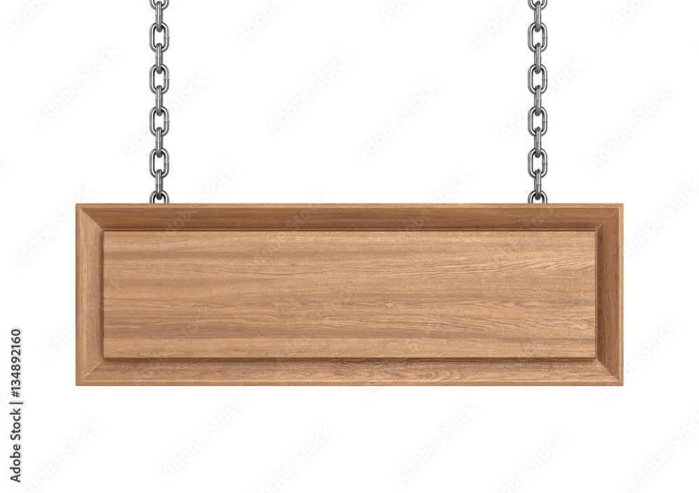 Blank Wooden Sign with hanging chains. 3D illustration Blank Wooden Sign with hanging chains. 3D illustration