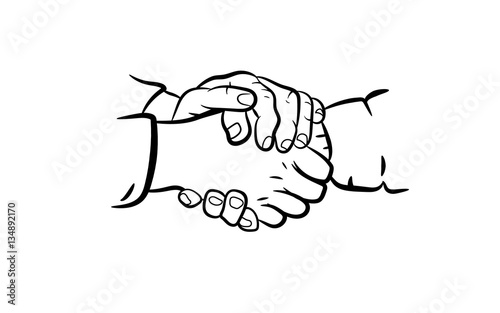 The handshake between two sides under patronage of the third side as symbol of global agreement.