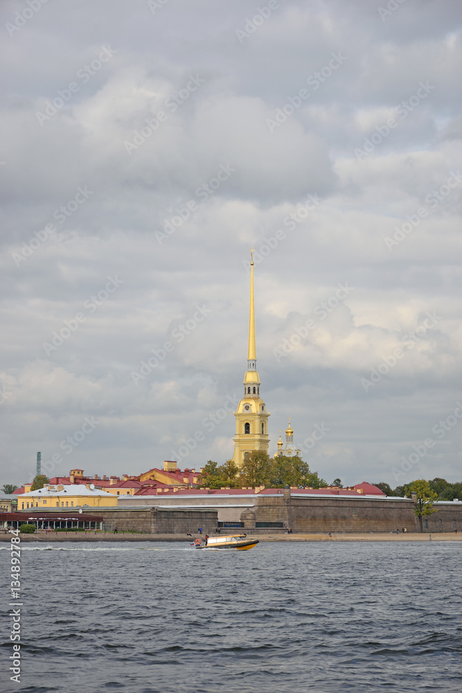 Peter and Paul fortress, the boat and the river Neva under the b Peter and Paul fortress, the boat and the river Neva under the b