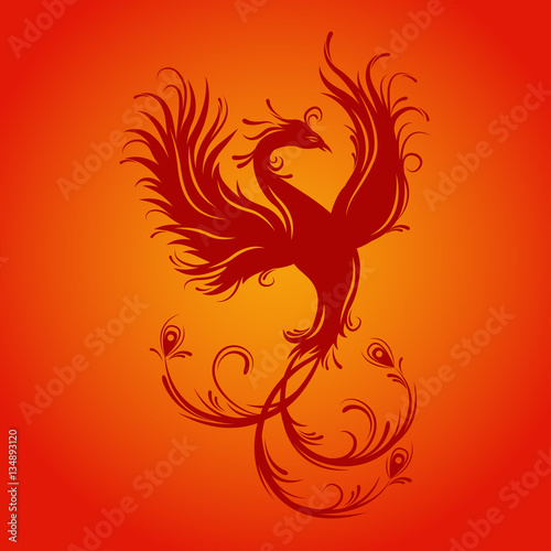 Silhouette of phoenix bird. Red fenix. Symbol of immortality. Fiery bird.