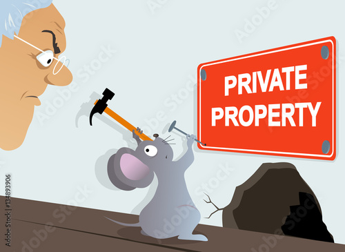 Mouse attaching a Private Property sign in front of an annoyed homeowner, EPS 8 vector illustration