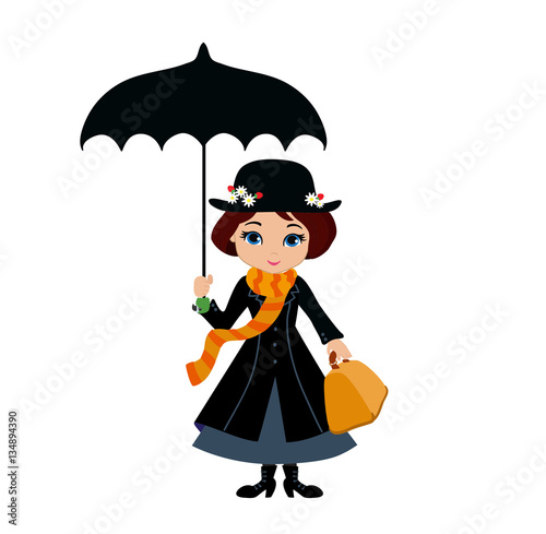 Mary Poppins with umbrella. Vector illustration.