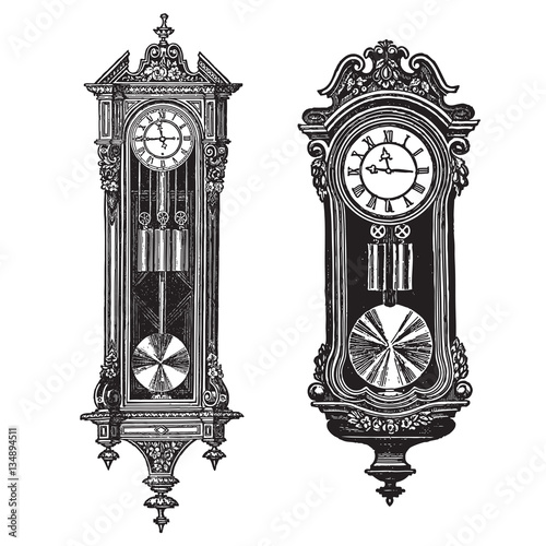 Vintage wall clocks, vector engraving set of two pieces