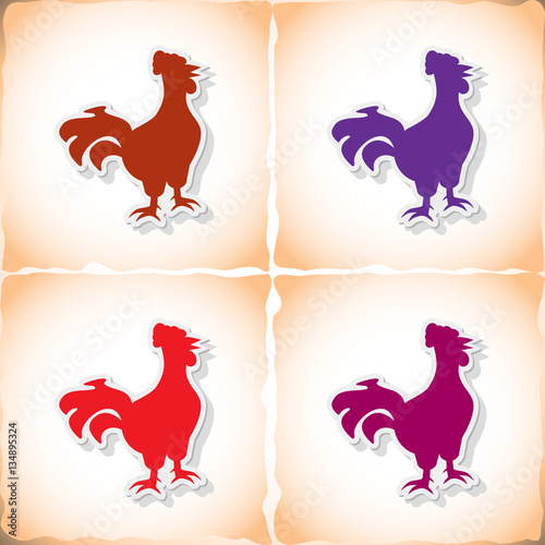 Cock. Flat sticker with shadow on old paper