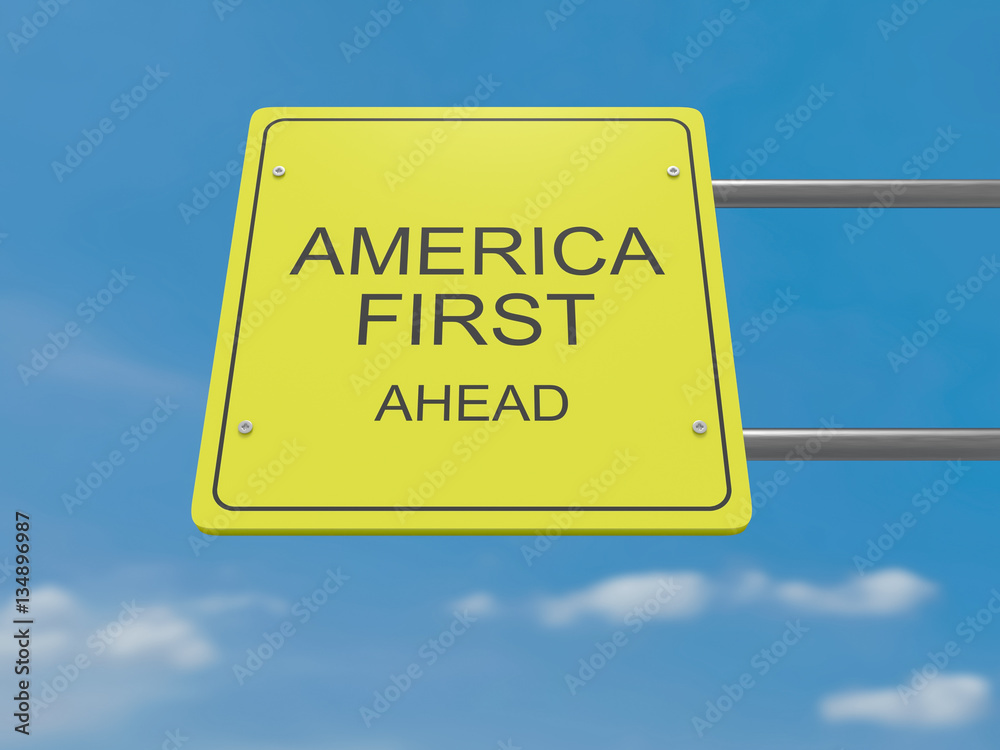 Fototapeta premium US Media News Concept: Road Sign America First Ahead, 3d illustration