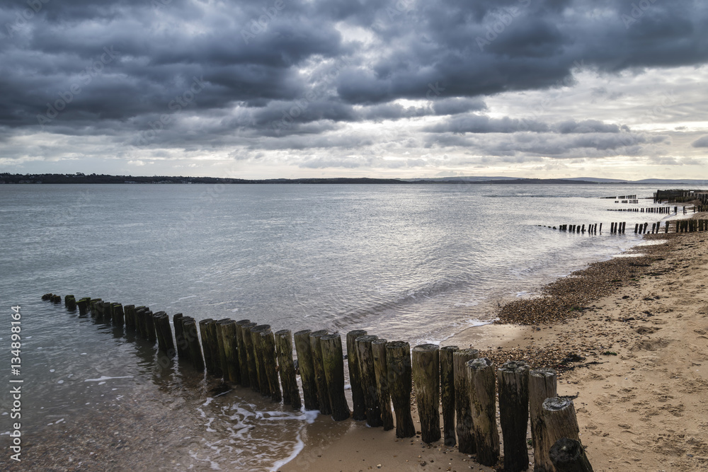 Moody sea landscape looking across Solent to Isle of Wight in En
