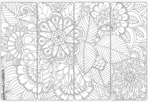 Floral doodles for coloring.Vector set of monochrome bookmarks .