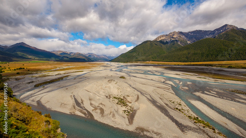 Landscape view of the river and mountains at Arthur's pass, NZ