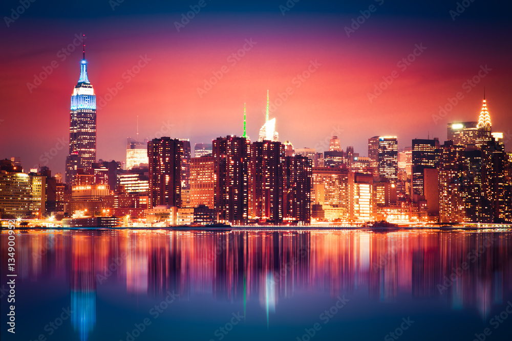 New York City skyline of Manhattan with vibrant night colors
