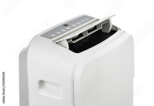 Studio closeup product shot of a portable air conditioner or mobile dehumidifier isolated on white background with copy space. Climate control equipment