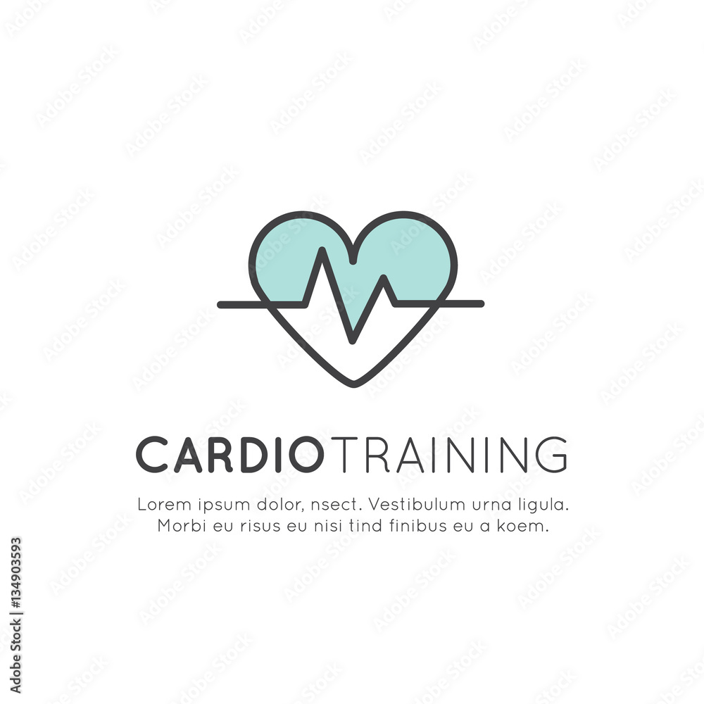 Vector Icon Style Illustration Logo of  cardio training, fitness and gym workout object. Healthy lifestyle, Bodybuilding and Heart beat pulse