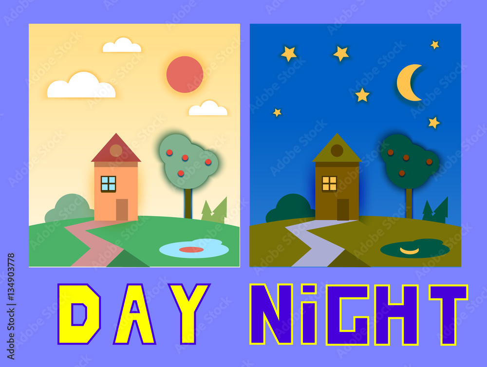 Day and night houses with trees. Concept flat style vector illustration.