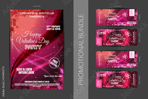 Vector Happy Valentine's Day night party promotional bundle of red and dark pink poster and tickets with hearts on the dark gray background.