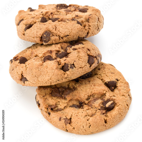 Three Chocolate chip cookies isolated on white background. Sweet