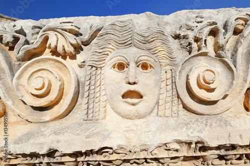 Stone-carved tragic mask. Largest Greco-Roman theater in Lycia. Myra-Turkey. 0698