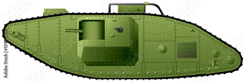WWI tank realistic vector illustration, World War I British Mark V heavy tank, used in action in the Great War and in the Russian Civil War on the White Russian side and by the Red Army