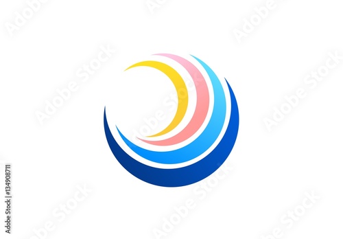 circle sphere wave logo, global spiral symbol, abstract wind twist icon, swirl nature elements vector design