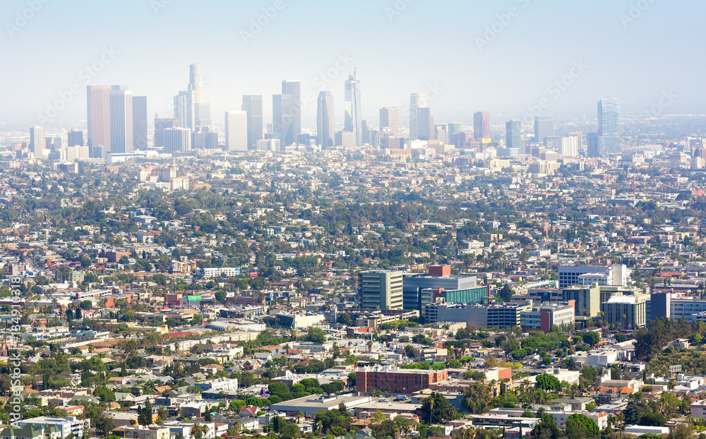 Cityscape of Los Angeles architecture at sunset