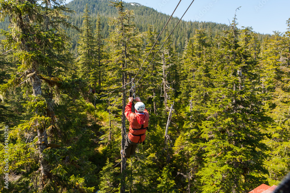 Man zip-lining across tree tops Man zip-lining across tree tops