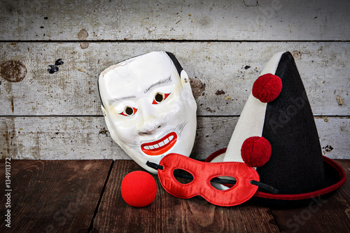 Vintage carnival masks, hat and nose photo