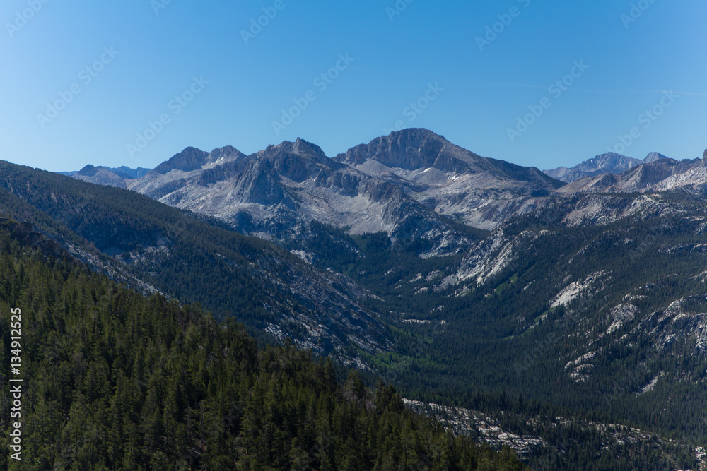 Rounded granite mountains and dense forests surround a high altitude valley in the high sierra in summer