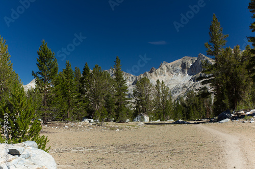A dirt hiking trail crosses a sandy meadow surrounded by pine trees and granite mountains