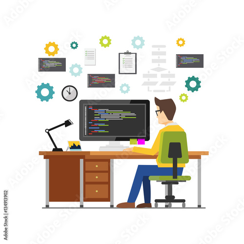 Professional programmer working writing code on computer at desk. Programmer developer workplace concept illustration for web banner, web web element, of infographics