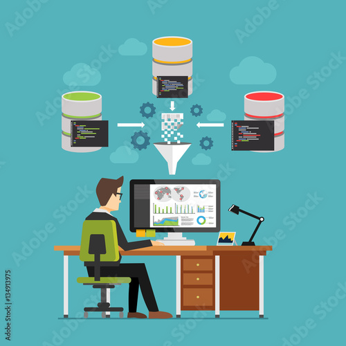 Business intelligence dashboard technology concept. Professional business person working and analyzing financial statistics. Business analysis concept for web banner, web element, or infographics