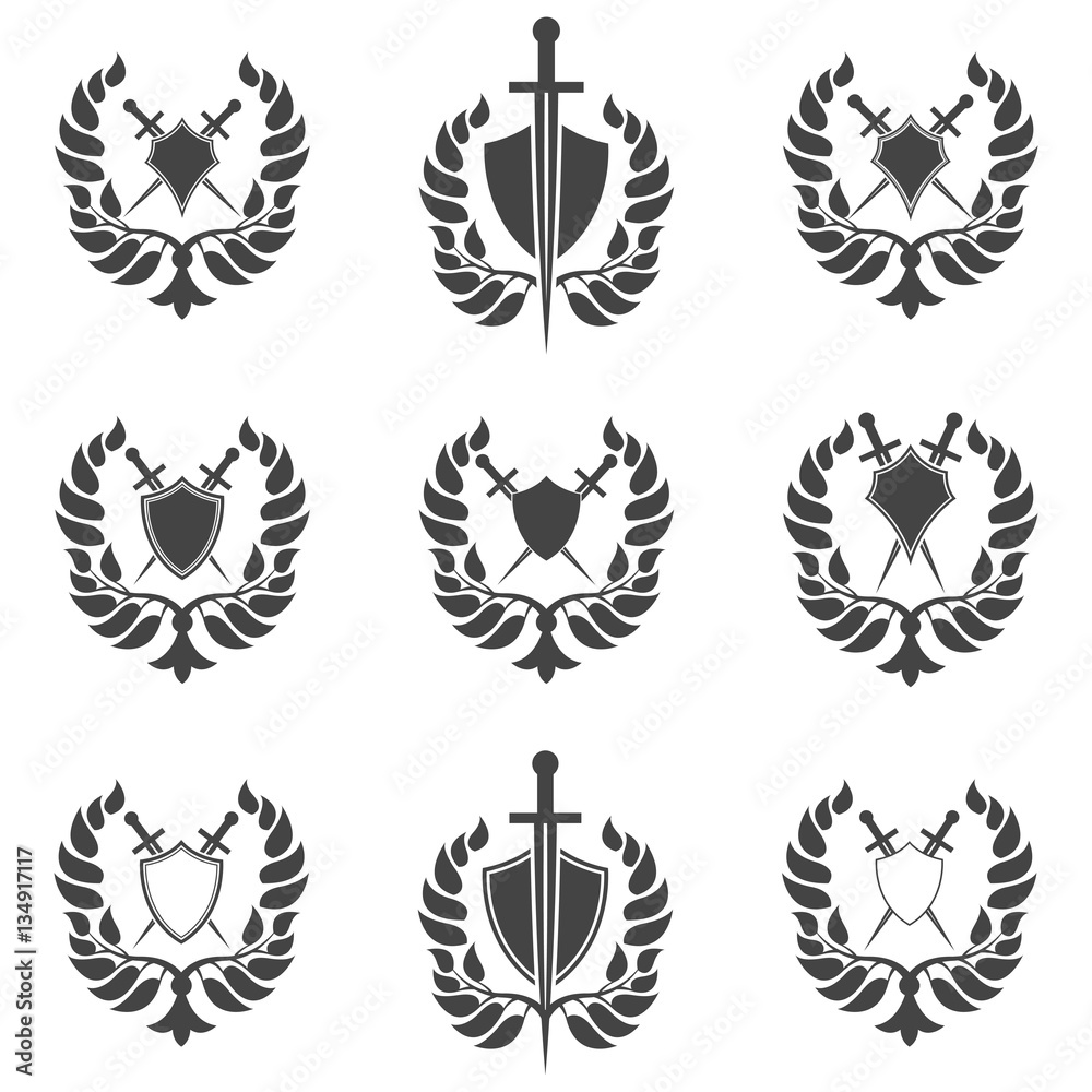 Set of abstract shield and sword icon