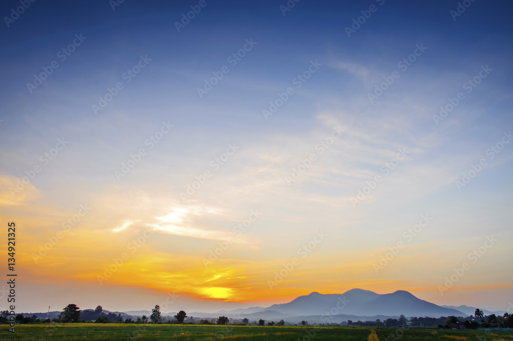 landscape of mountains and sunset