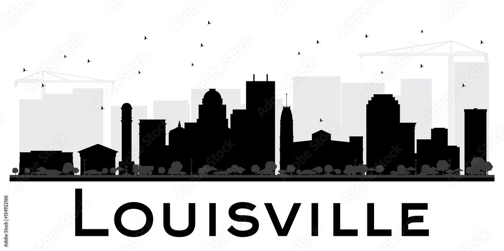 Louisville City skyline black and white silhouette.