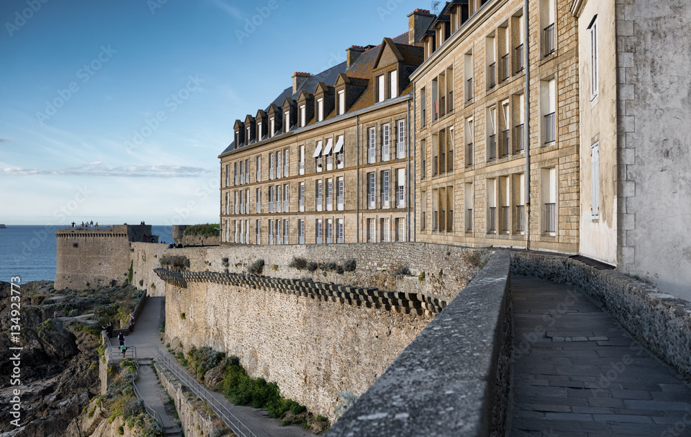 Fortification stone walls of Saint-Malo city in september, France