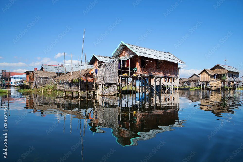 Traditional houses on stilts in fishing village on the Inle lake. Myanmar