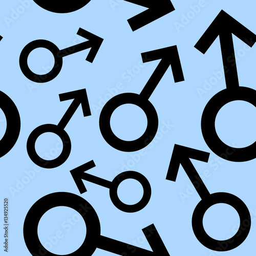 Seamless pattern with the black male symbols. Male signs different sizes. Pattern on blue background. Vector illustration