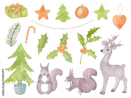 Watercolor vector set  with Christmas toys. Holly, Christmas can