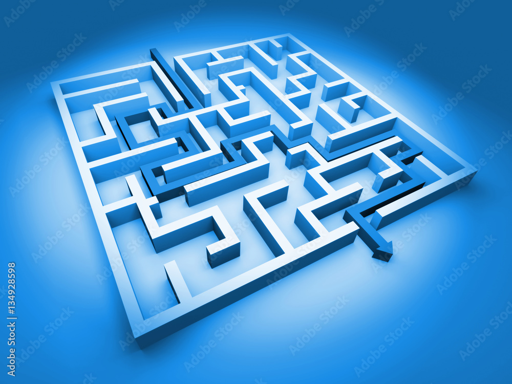 white maze structure with arrow showing the path through the maze (blue 3d illustration) white maze structure with arrow showing the path through the maze (blue 3d illustration)
