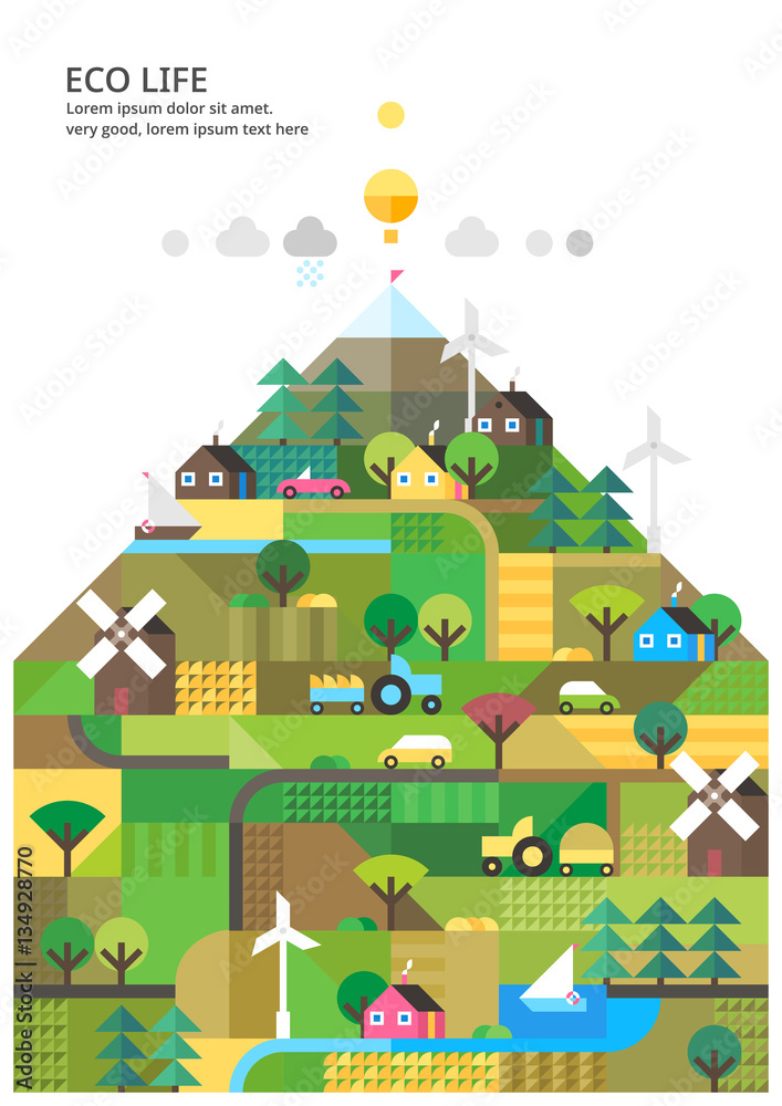 Landscape with ecology concept. Environmental ecosystem in rural areas.Transport and nature ecology element. Farmhouse and agriculture.