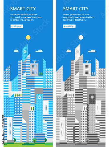 City landscape. Two vertical banner. Abstract modern city of skyscrapers. Colour and Black and white version.