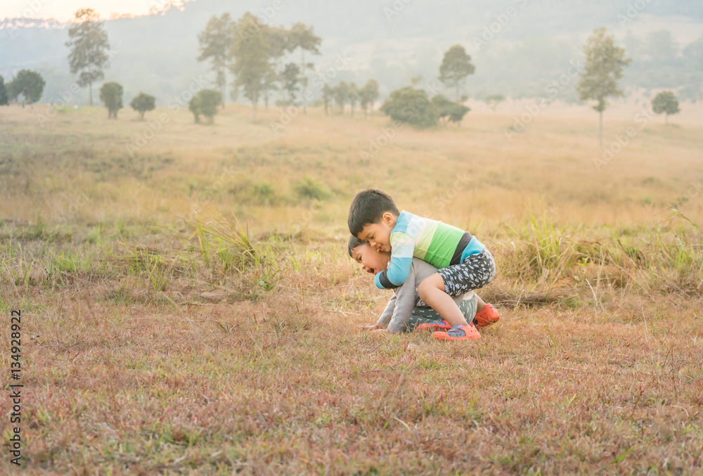 Happy brothers playing on the mountain field Happy brothers playing on the mountain field