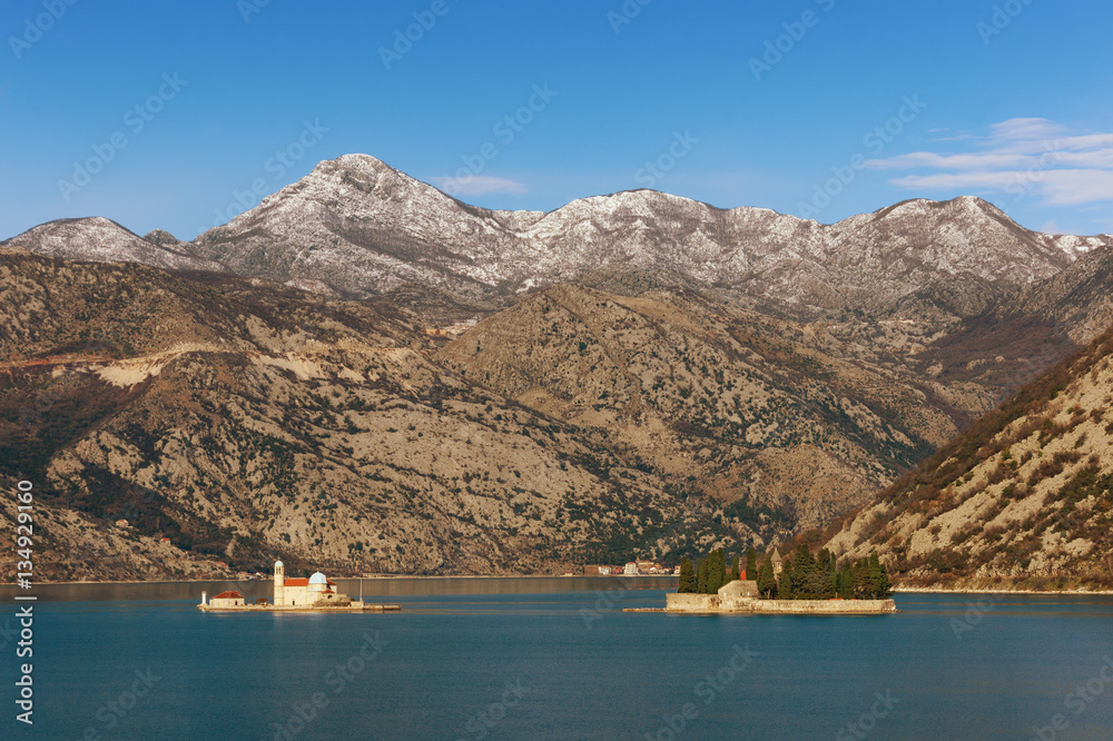 Two islets off the coast of Perast in Bay of Kotor. Montenegro, winter