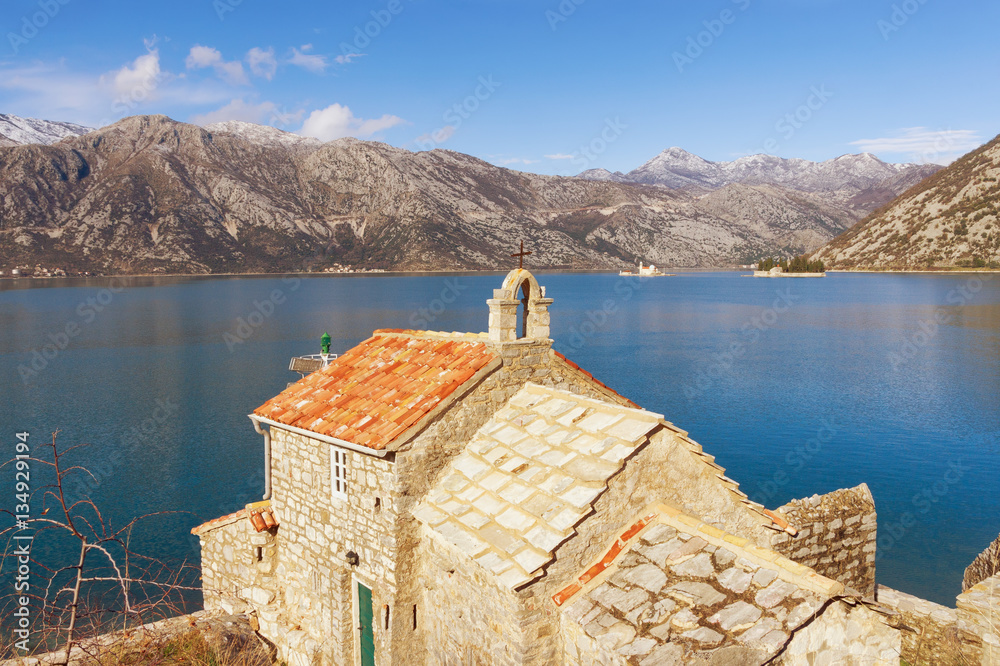 Church of Our Lady of the Angels on the coast of the Bay of Kotor. Montenegro, winter