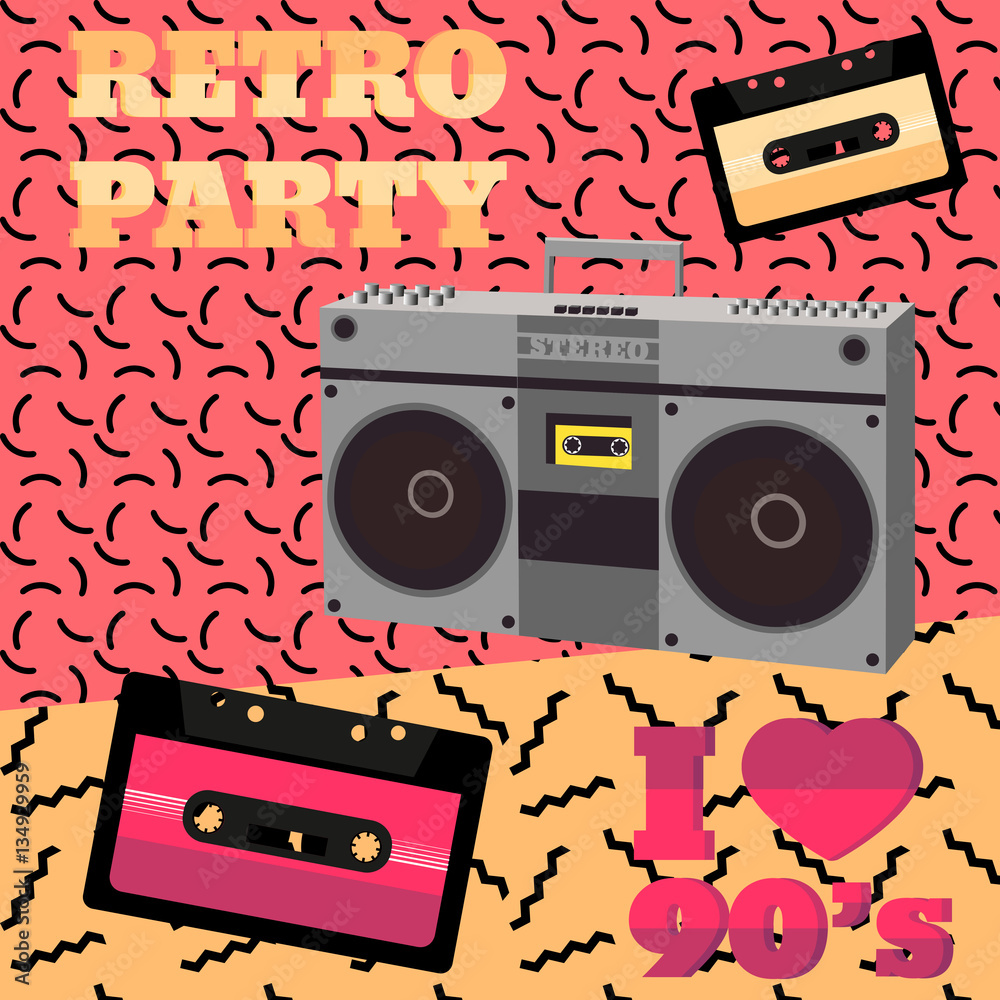 Retro party 90s. Audio cassette, tape recorder, geometric elements. Vector  illustration in 80s-90s memphis style. Stock Vector | Adobe Stock