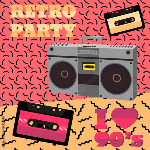 Retro party 90s. Audio cassette, tape recorder, geometric elements. Vector illustration in 80s-90s memphis style.
