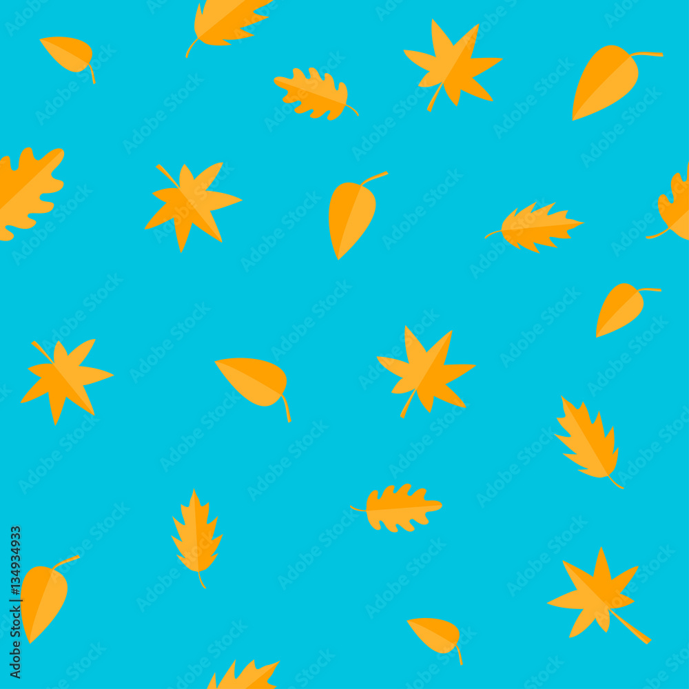 Autumn leaves. Yellow orange leaf set. Oak, maple, birch, rowan. Seamless Pattern Wrapping paper, textile template. Blue background. Flat design. Autumn leaves. Yellow orange leaf set. Oak, maple, birch, rowan. Seamless Pattern Wrapping paper, textile template. Blue background. Flat design.